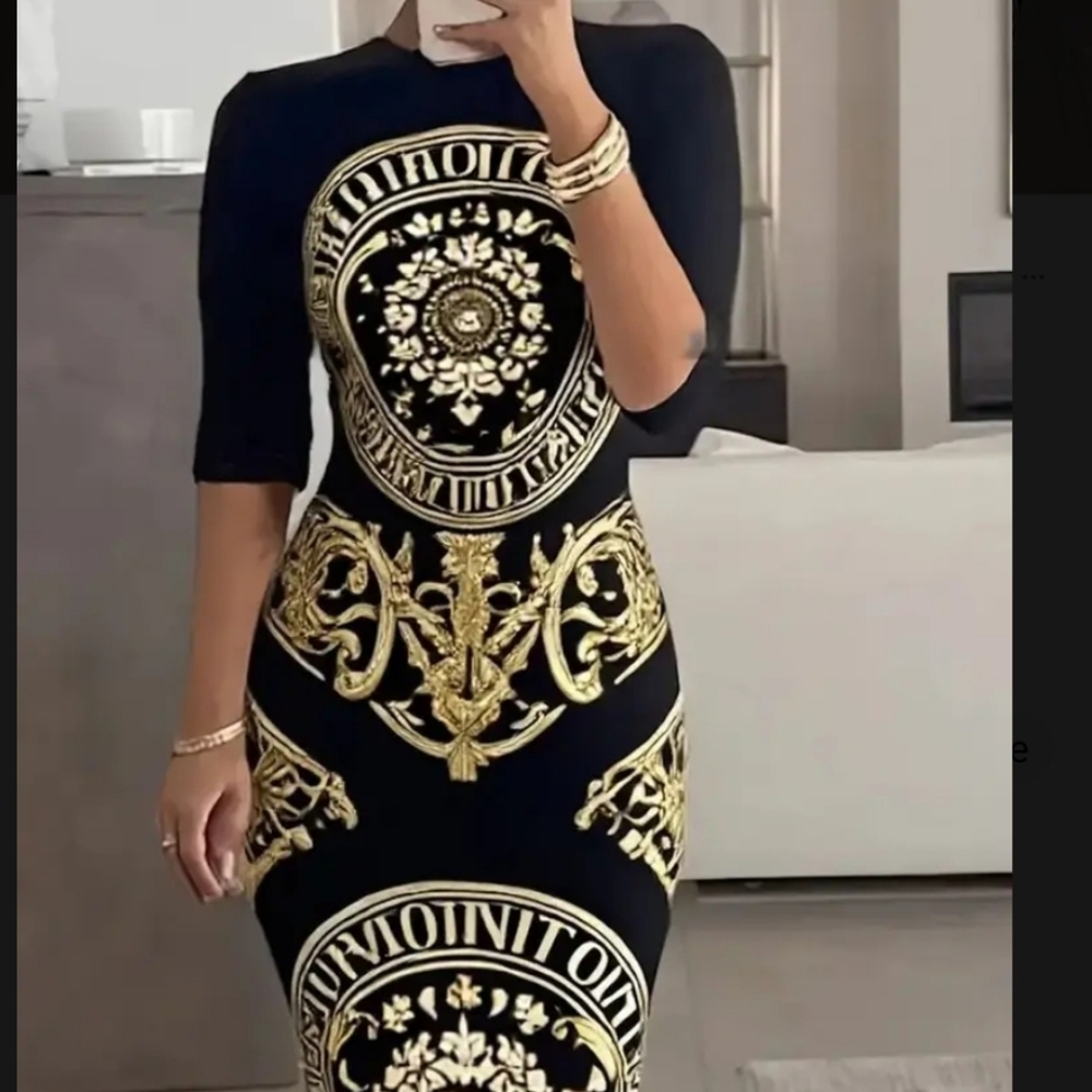 Stylish Black And Golden Baroque Totem Print Dress XXL Long Sleeves - Picture 4 of 6